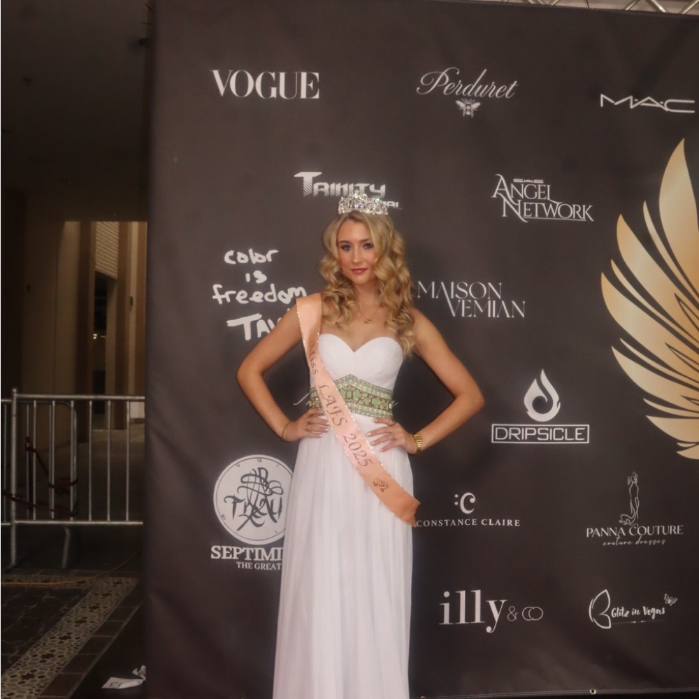 Madison James White and Gold Prom Dress